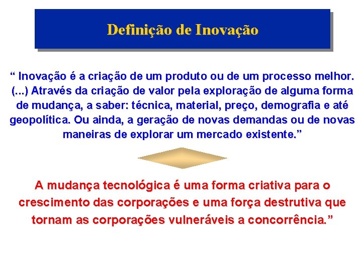 Definição de Inovação “ Inovação é a criação de um produto ou de um