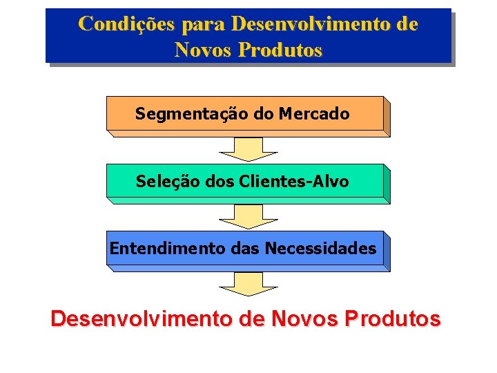 Condições para Desenvolvimento de Novos Produtos Segmentação do Mercado Seleção dos Clientes-Alvo Entendimento das