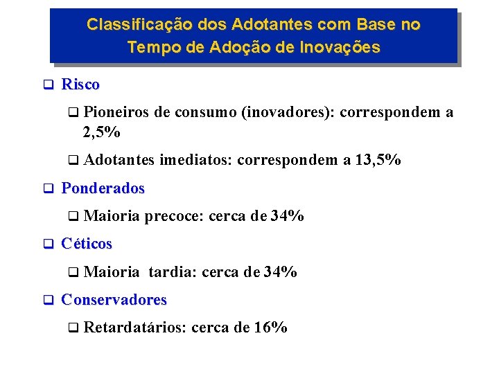 Classificação dos Adotantes com Base no Tempo de Adoção de Inovações q Risco q
