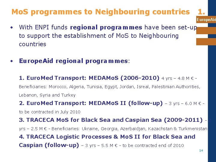 Mo. S programmes to Neighbouring countries 1. Europe. Aid • With ENPI funds regional