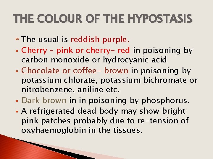 THE COLOUR OF THE HYPOSTASIS § § The usual is reddish purple. Cherry –