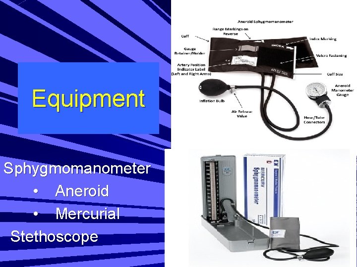 Equipment Sphygmomanometer • Aneroid • Mercurial Stethoscope 