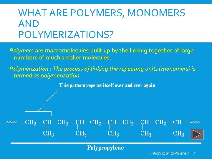 WHAT ARE POLYMERS, MONOMERS AND POLYMERIZATIONS? Polymers are macromolecules built up by the linking