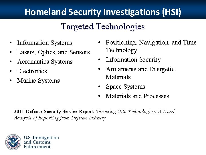 Homeland Security Investigations (HSI) Targeted Technologies • • • Information Systems Lasers, Optics, and