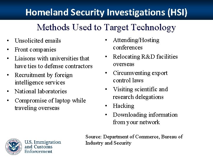 Homeland Security Investigations (HSI) Methods Used to Target Technology • Unsolicited emails • Front