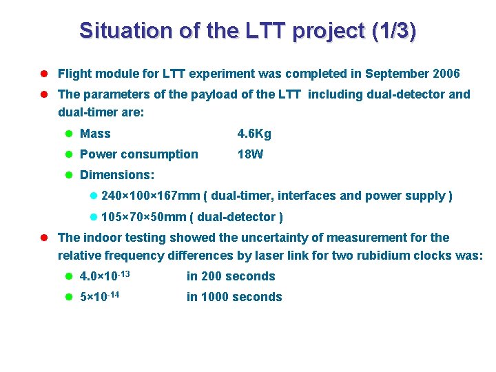 Situation of the LTT project (1/3) l Flight module for LTT experiment was completed