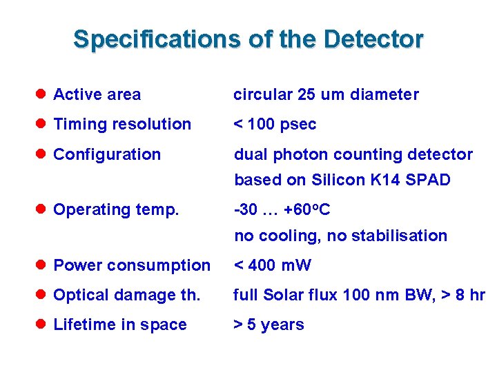 Specifications of the Detector l Active area circular 25 um diameter l Timing resolution