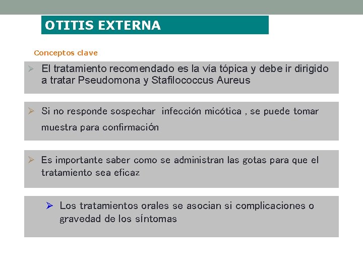 OTITIS EXTERNA Conceptos clave Ø El tratamiento recomendado es la vía tópica y debe