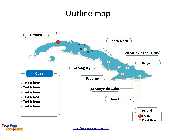 Outline map Havana Santa Clara Victoria de Las Tunas Holguín Camagüey Cuba Text in