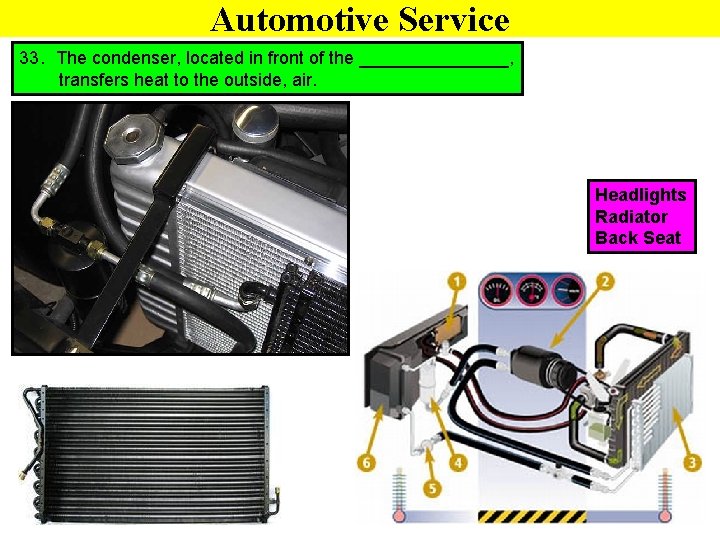 Automotive Service 33. The condenser, located in front of the ________, transfers heat to