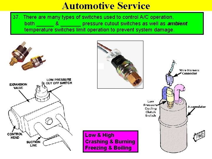 Automotive Service 37. There are many types of switches used to control A/C operation,