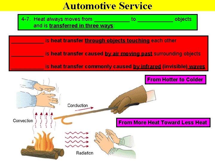 Automotive Service 4 -7. Heat always moves from ______ to ______ objects and is