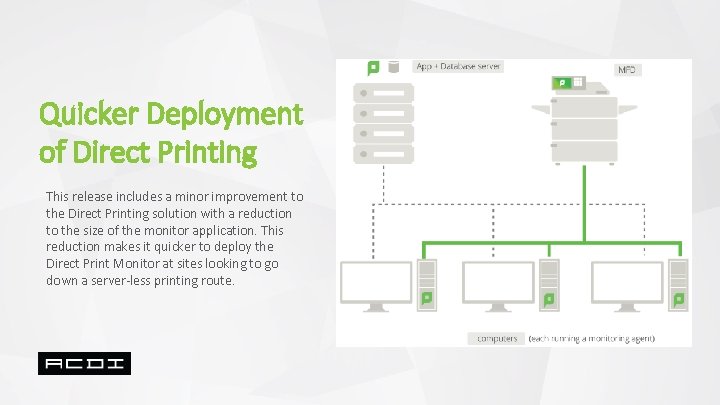 Quicker Deployment of Direct Printing This release includes a minor improvement to the Direct