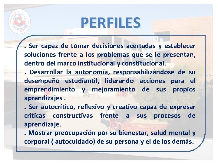 PERFILES. Ser capaz de tomar decisiones acertadas y establecer soluciones frente a los problemas