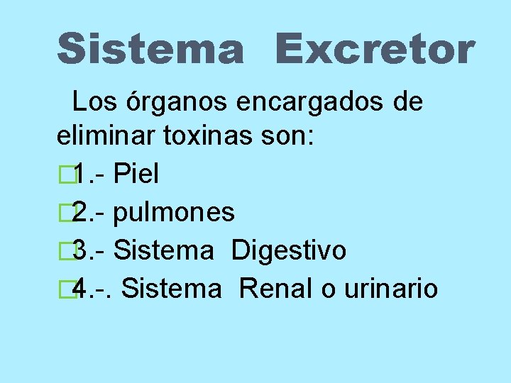 Sistema Excretor Los órganos encargados de eliminar toxinas son: � 1. - Piel �