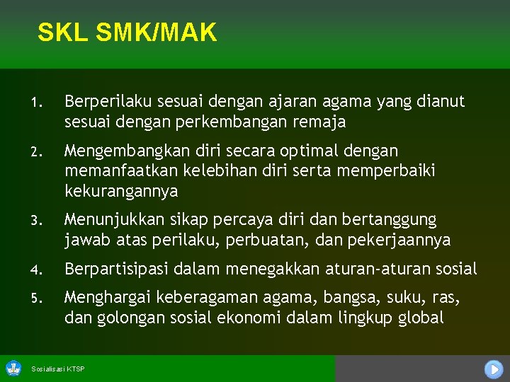 SKL SMK/MAK 1. Berperilaku sesuai dengan ajaran agama yang dianut sesuai dengan perkembangan remaja