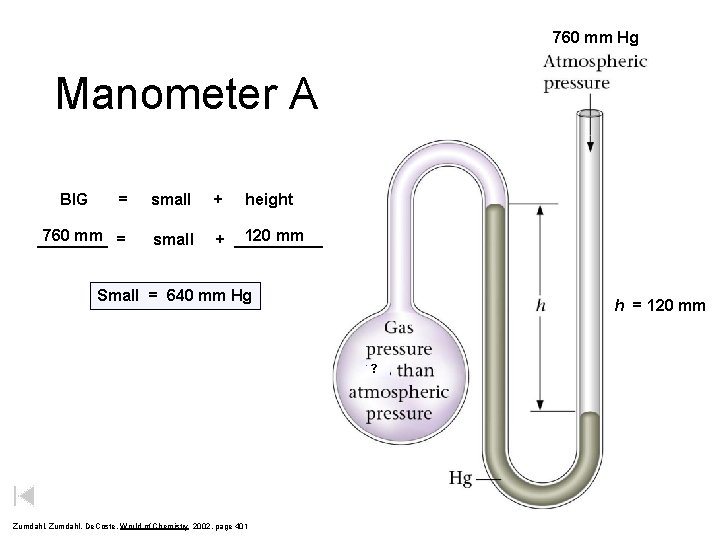 760 mm Hg Manometer A BIG = small + height 760 mm = ____