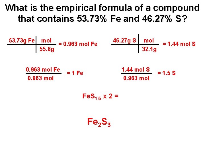 What is the empirical formula of a compound that contains 53. 73% Fe and