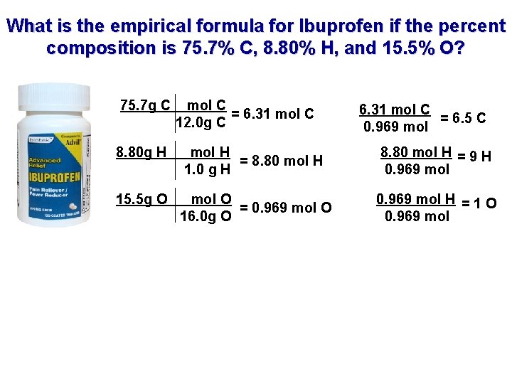 What is the empirical formula for Ibuprofen if the percent composition is 75. 7%