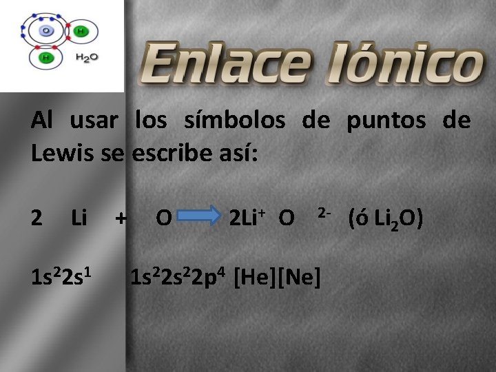 Al usar los símbolos de puntos de Lewis se escribe así: 2 Li 1
