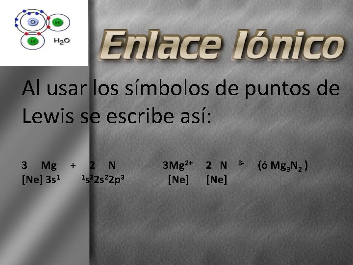 Al usar los símbolos de puntos de Lewis se escribe así: 3 Mg +