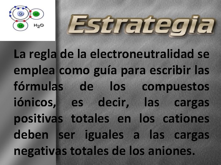 La regla de la electroneutralidad se emplea como guía para escribir las fórmulas de