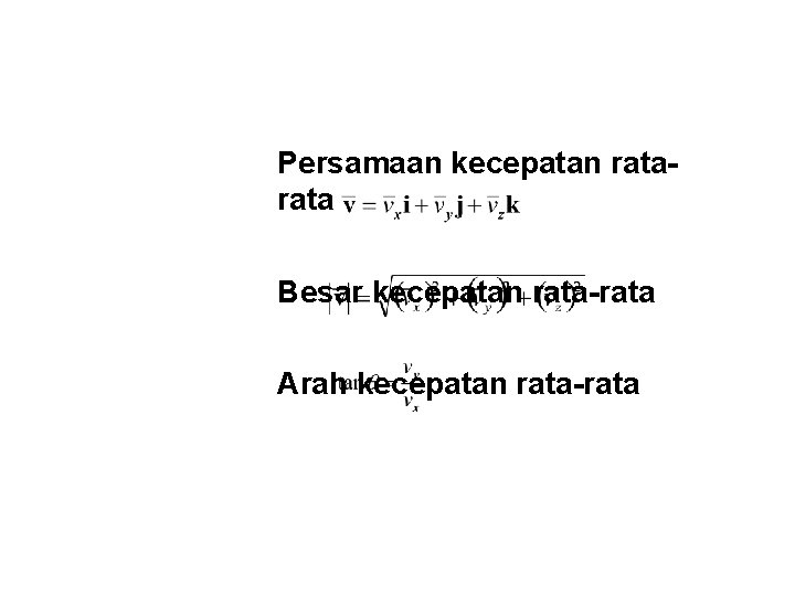 Persamaan kecepatan rata Besar kecepatan rata-rata Arah kecepatan rata-rata Persamaan kecepatan rata Besar kecepatan rata-rata Arah kecepatan rata-rata