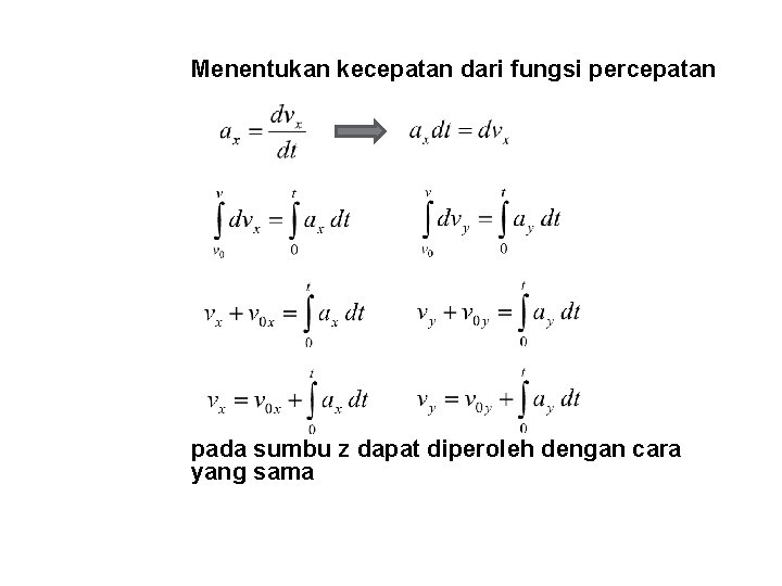 Menentukan kecepatan dari fungsi percepatan pada sumbu z dapat diperoleh dengan cara yang sama