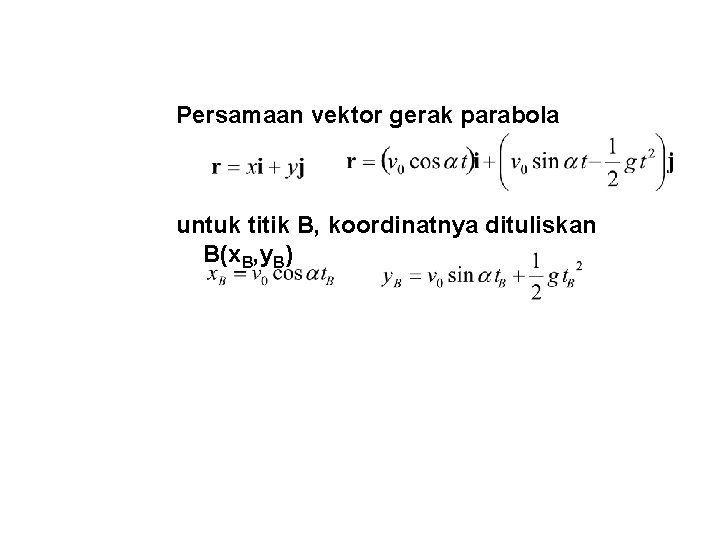 Persamaan vektor gerak parabola untuk titik B, koordinatnya dituliskan B(x. B, y. B) Persamaan vektor gerak parabola untuk titik B, koordinatnya dituliskan B(x. B, y. B)