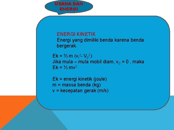 USAHA DAN ENERGI KINETIK Energi yang dimiliki benda karena benda bergerak. Ek = ½