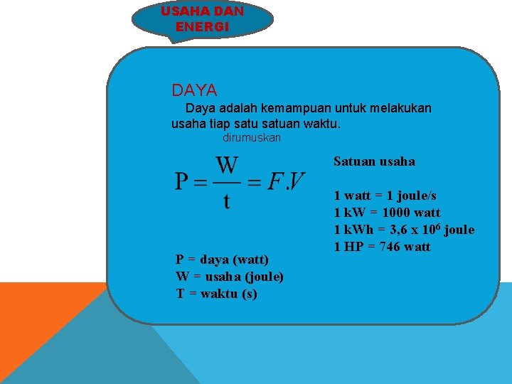 USAHA DAN ENERGI DAYA Daya adalah kemampuan untuk melakukan usaha tiap satuan waktu. dirumuskan USAHA DAN ENERGI DAYA Daya adalah kemampuan untuk melakukan usaha tiap satuan waktu. dirumuskan
