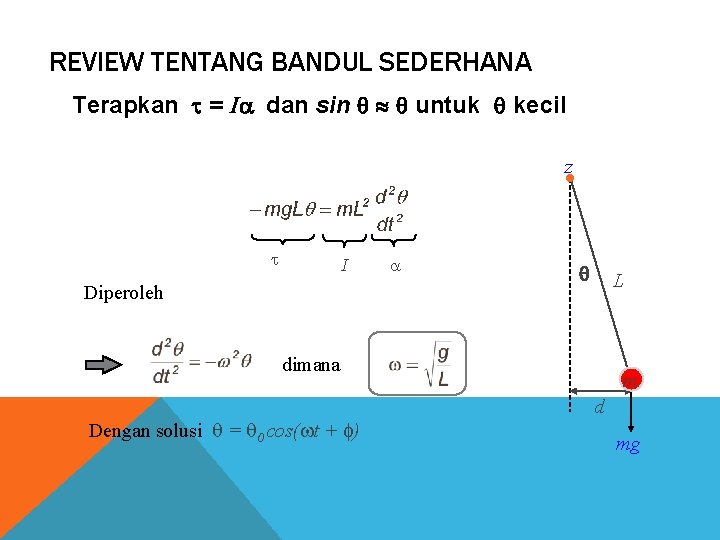 REVIEW TENTANG BANDUL SEDERHANA Terapkan = I dan sin untuk kecil z I Diperoleh