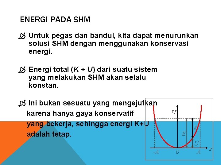 ENERGI PADA SHM Untuk pegas dan bandul, kita dapat menurunkan solusi SHM dengan menggunakan