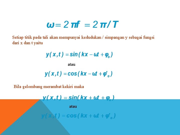 Setiap titik pada tali akan mempunyai kedudukan / simpangan y sebagai fungsi dari x Setiap titik pada tali akan mempunyai kedudukan / simpangan y sebagai fungsi dari x