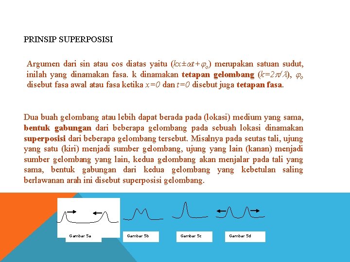 PRINSIP SUPERPOSISI Argumen dari sin atau cos diatas yaitu (kx± t+ o) merupakan satuan