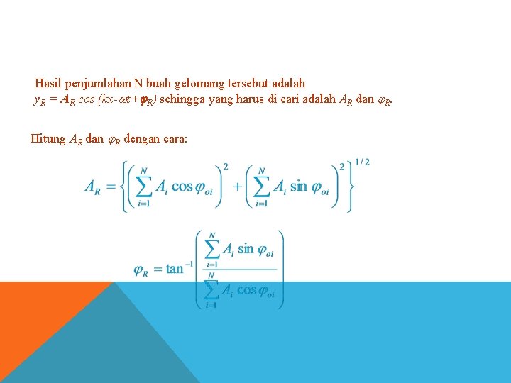 Hasil penjumlahan N buah gelomang tersebut adalah y. R = AR cos (kx- t+