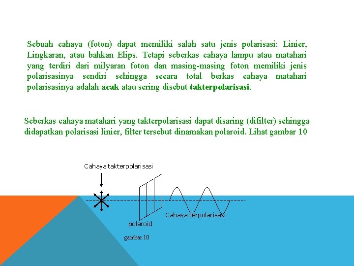 Sebuah cahaya (foton) dapat memiliki salah satu jenis polarisasi: Linier, Lingkaran, atau bahkan Elips.