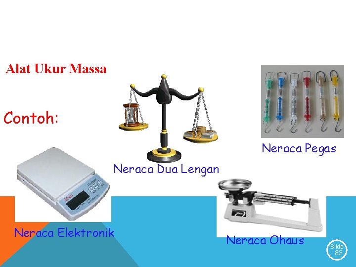 Alat Ukur Massa Contoh: Neraca Pegas Neraca Dua Lengan Neraca Elektronik Neraca Ohaus Slide