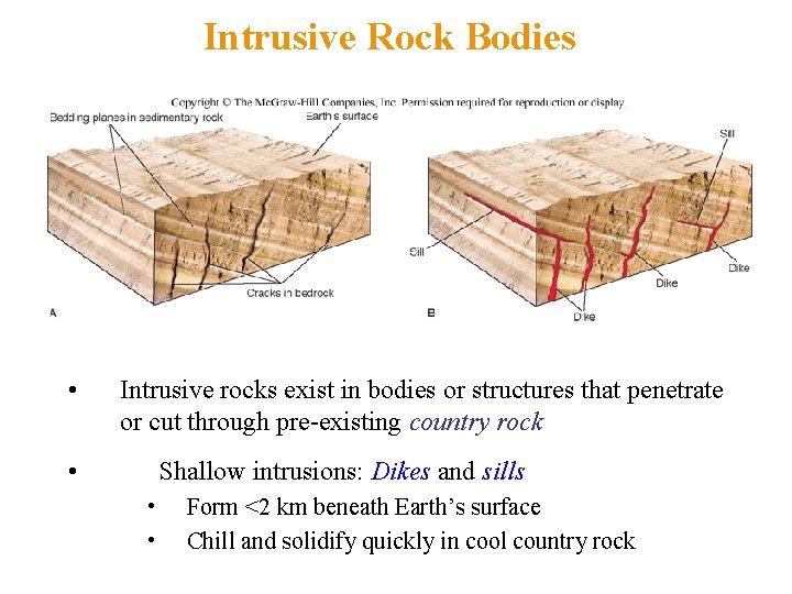 Intrusive Rock Bodies • Intrusive rocks exist in bodies or structures that penetrate or