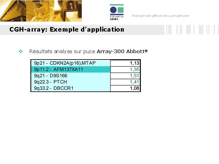 Prolonger votre offre de soins, jour après jour CGH-array: Exemple d’application v Résultats analyse