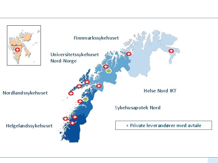 Finnmarkssykehuset Universitetssykehuset Nord-Norge Nordlandssykehuset Helse Nord IKT Sykehusapotek Nord Helgelandssykehuset + Private leverandører med