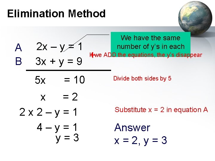 Elimination Method A B We have the same number of y’s in each 2