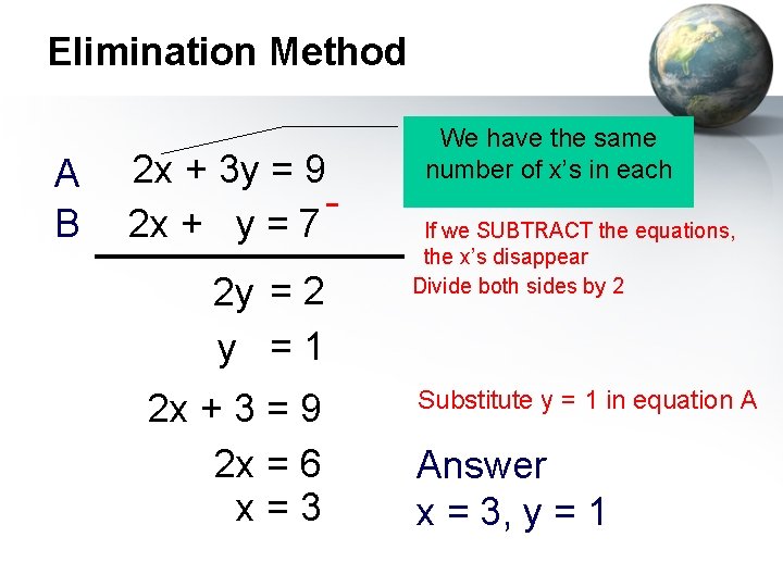 Elimination Method A B 2 x + 3 y = 9 2 x +