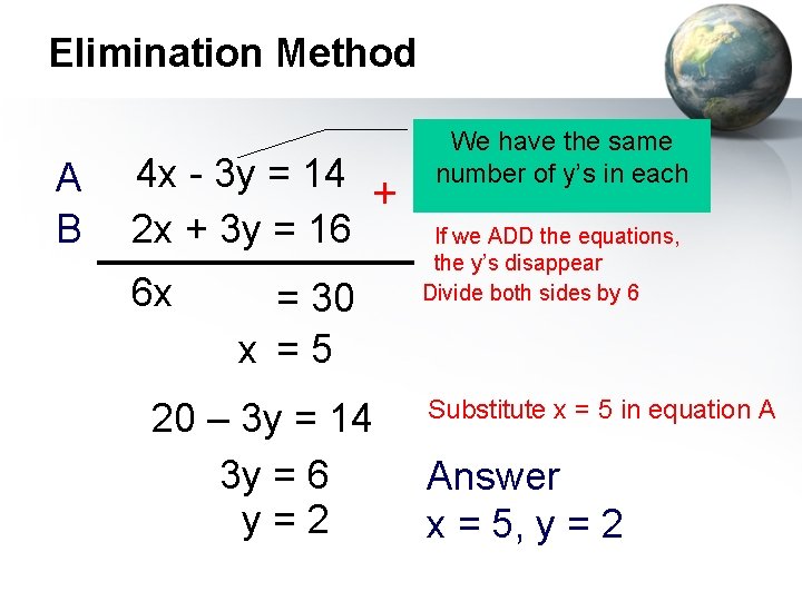 Elimination Method A B 4 x - 3 y = 14 + 2 x