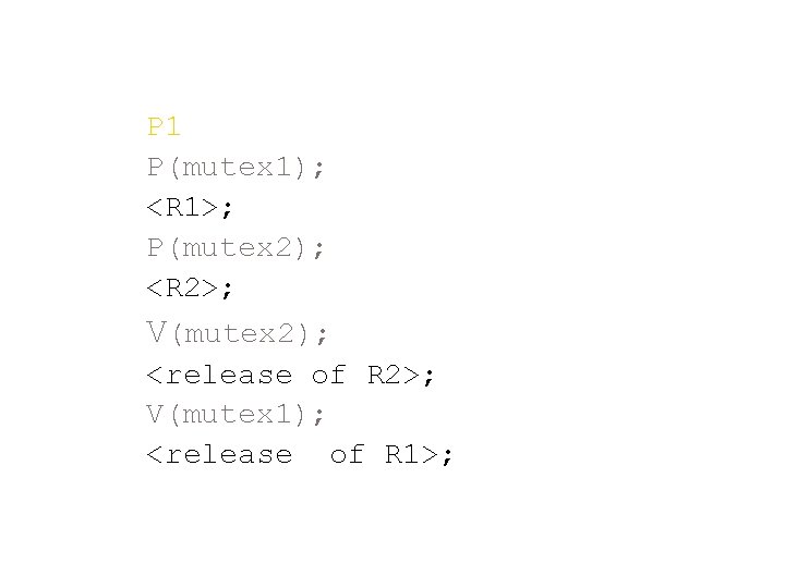 P 1 P(mutex 1); <R 1>; P(mutex 2); <R 2>; V(mutex 2); <release of