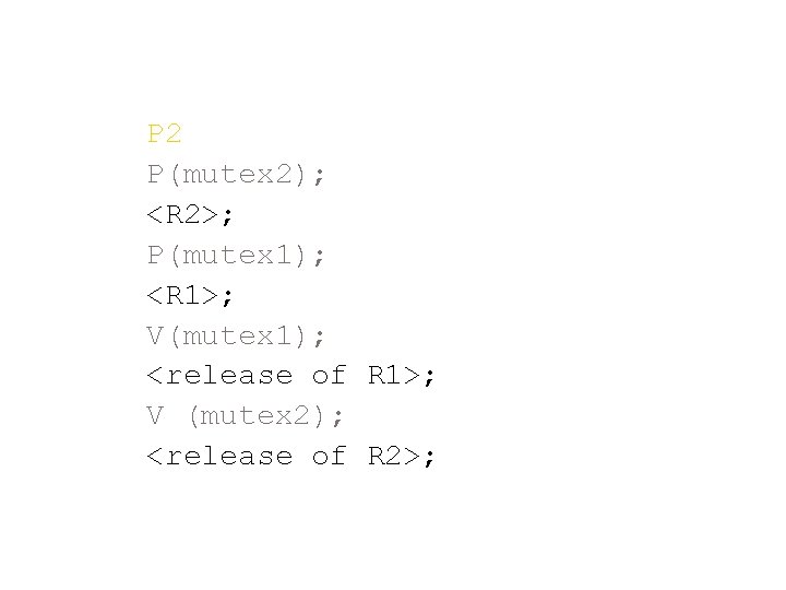 P 2 P(mutex 2); <R 2>; P(mutex 1); <R 1>; V(mutex 1); <release of