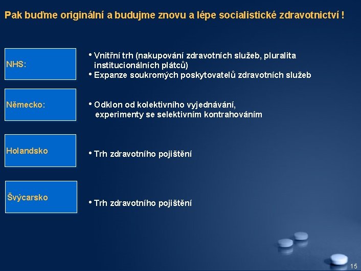 Pak buďme originální a budujme znovu a lépe socialistické zdravotnictví ! NHS: Německo: •