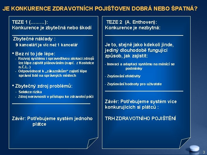 JE KONKURENCE ZDRAVOTNÍCH POJIŠŤOVEN DOBRÁ NEBO ŠPATNÁ? TEZE 1 (………): Konkurence je zbytečná nebo