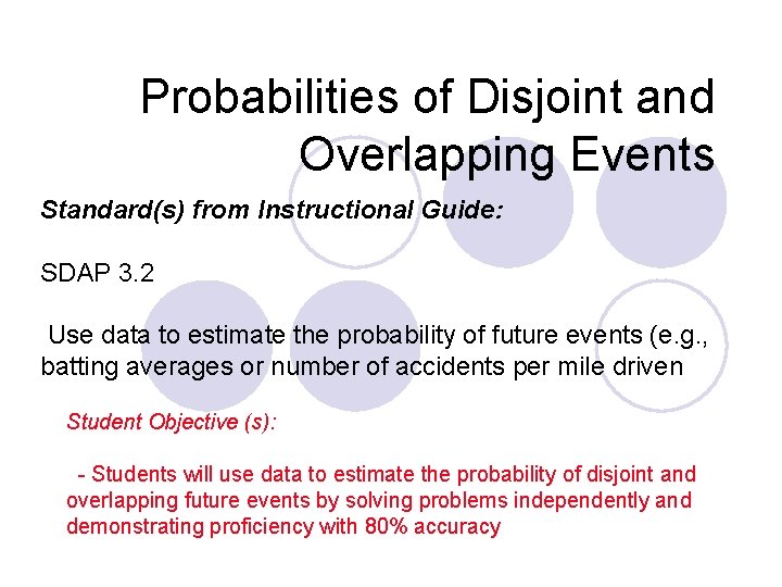 Probabilities of Disjoint and Overlapping Events Standard(s) from Instructional Guide: SDAP 3. 2 Use