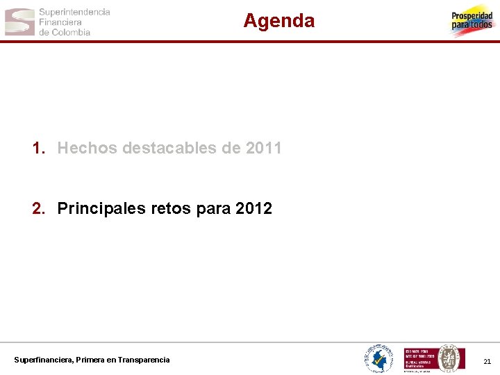 Agenda 1. Hechos destacables de 2011 2. Principales retos para 2012 Superfinanciera, Primera en